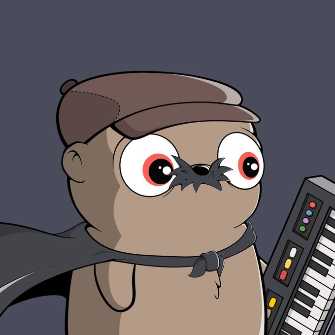 A cartoonish Fugz NFT character with wide red eyes, a flat cap, and a black cape stands beside a keyboard synthesizer, matching the "Fugz #861" sale described in the post for 0.083 ETH.