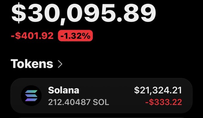 A cryptocurrency portfolio interface displays a total balance of "$30,095.89" (down 1.32%), showing "Tokens" and a holding of "212.40487 SOL" (Solana) valued at "$21,324.21".
