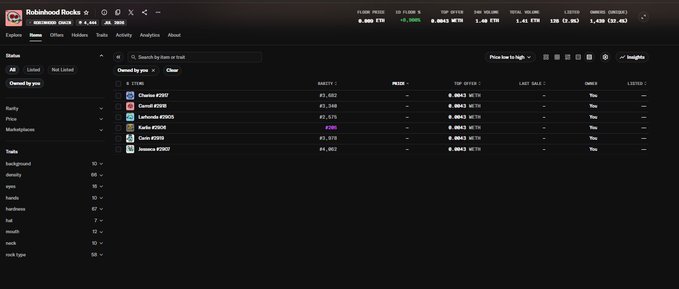 A screenshot of the Robinhood Rocks NFT marketplace shows the "Robinhood Rocks" collection ranked #1 by 24-hour volume at 0.0843 ETH, with listings including Choto #2392, Conrad #2390, Laricenda #2905, Karla #3508, Cam #2599, and Jeeeez #2392, all priced at 0.0843 ETH. The image supports the post by providing visual evidence of the collection's top volume ranking, confirming the pleasant surprise of seeing the NFT they owned suddenly spike to the top of trading charts.