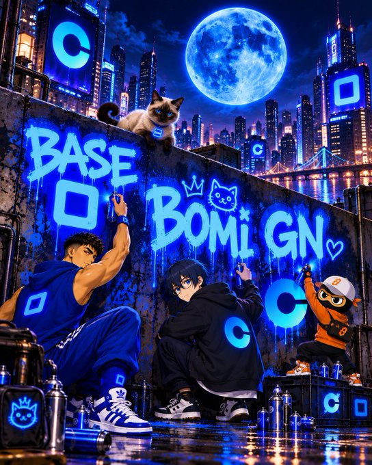 A vibrant, anime-style graffiti mural featuring characters spray-painting 'BASE' and 'BOML GN' on a wall under a large blue moon, surrounded by floating blue logos and a Siamese cat.