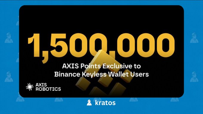 A promotional banner featuring '1,500,000' in large gold text, advertising 'AXIS Points Exclusive to Binance Keyless Wallet Users' with the Axis Robotics logo and username 'kratos' at the bottom.
