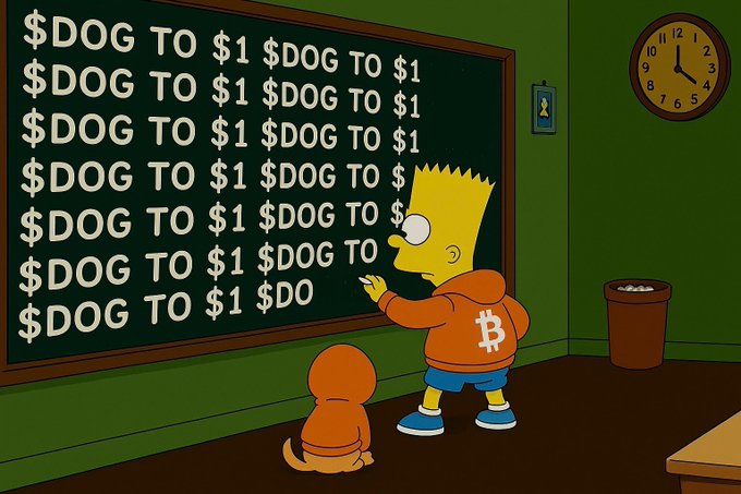 A cartoon image showing Bart Simpson in an orange Bitcoin hoodie writing "$DOG TO $1" repeatedly on a blackboard, with a small orange dog sitting beside him.