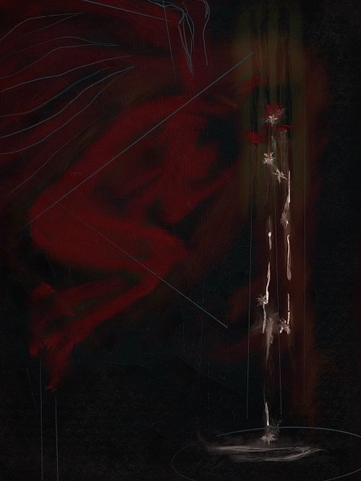 A dark, atmospheric painting featuring deep red swirls on the left and a vertical, dripping form with small flowers on the right, set against a black background.