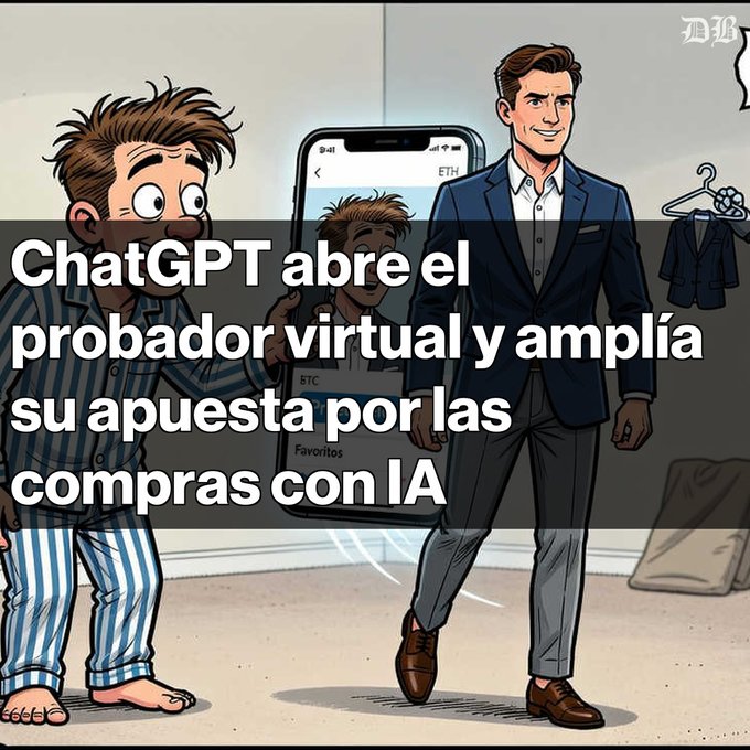 A Spanish-language graphic titled 'ChatGPT abre el probador virtual y amplía su apuesta por las compras con IA' showing an illustrated scene where a child in pajamas holds a smartphone displaying a virtual try-on app while a smartly dressed man stands nearby with clothing items around.
