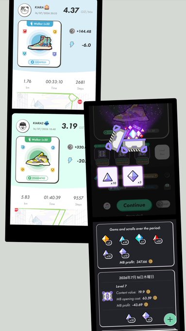 Mobile app screenshots of KIARA crypto wallet activity on Walken and other platforms, showing balance (4.37, 3.19 CST), steps, gems collected (+10, +3), MB profit values, and a dated entry '2026年7月16日补补木曜日' with Level 7 status.