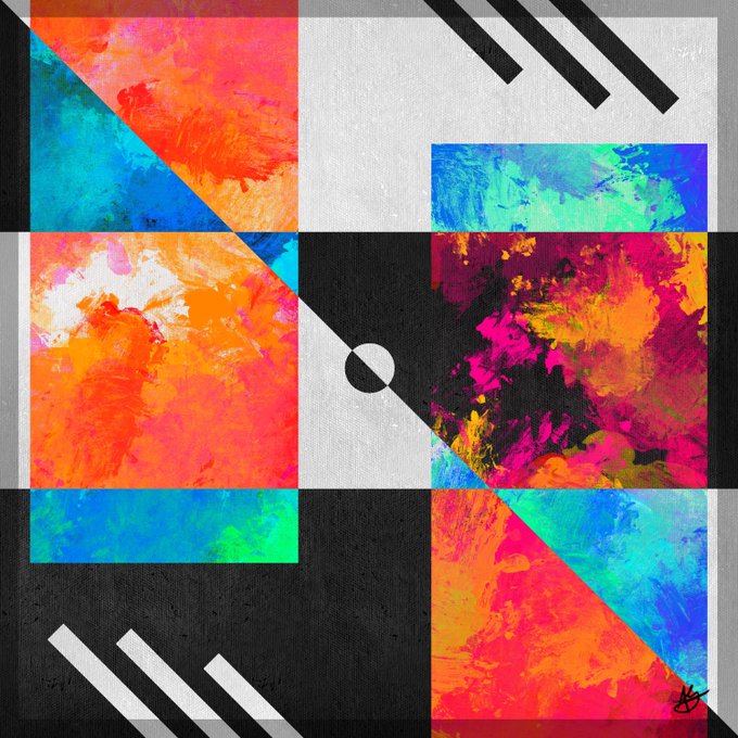 An abstract geometric artwork featuring a checkerboard-like composition of black, white, and gray squares interspersed with vibrant, textured paint strokes in orange, blue, magenta, and teal, accented by diagonal black stripes.