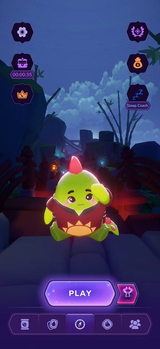 A smiling green creature character sits in a nighttime game environment with a "PLAY" button and various icons including a "Sleep Coach" option (00:00:35 timer). The image showcases the Sleepagotchi app interface, aligning with the post about optimizing the Sleep Coach AI feature and breathing exercises for better sleep on the Solana ecosystem.