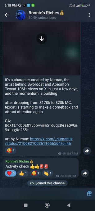 A Telegram channel screenshot for 'Ronnie's Riches' discussing a character created by artist Numan, with contract address (CA) listed and an activity check post showing emoji reactions.