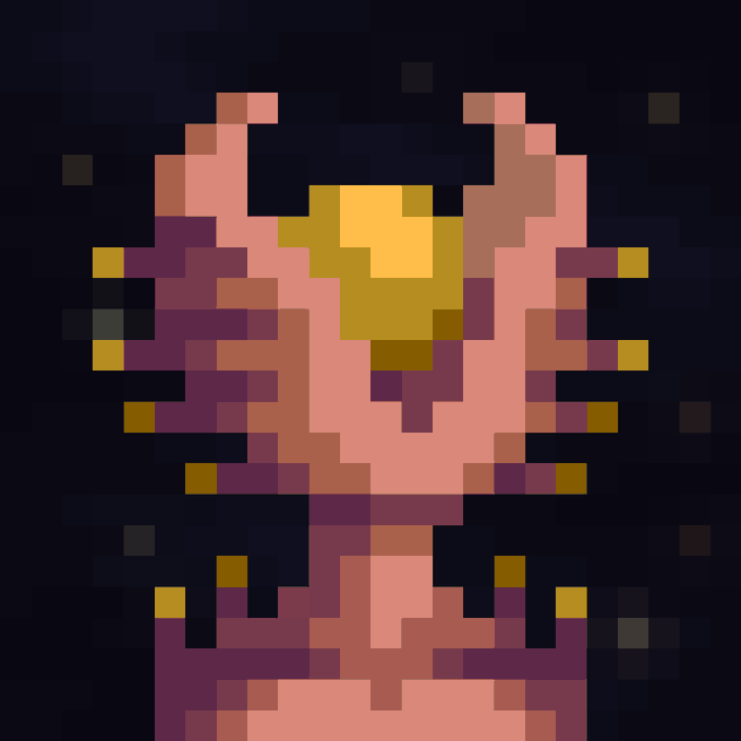 A pixel art rendering of a humanoid figure with raised arms, featuring orange, red, and yellow tones against a dark background.