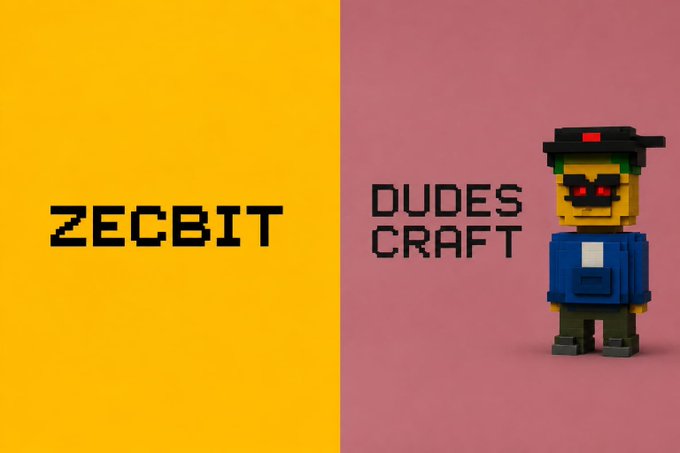 The image is a split promotional graphic for a giveaway, with "ZECBIT" displayed in pixelated text on a yellow background on the left, and "DUDES CRAFT" alongside a blocky character with red sunglasses and a black hat on a pink background on the right. It represents the two NFT collections featured in the Twitter giveaway post, where followers can win guaranteed spots for both @zec_bit and @dudescraft.