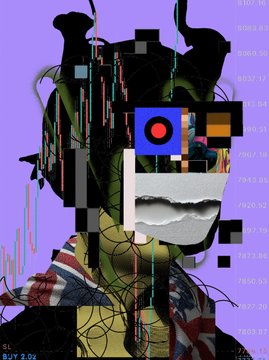 A glitchy, abstract digital art piece in purple and green tones featuring a fragmented face, a red and blue target symbol, and what appears to be financial chart data with numbers like 907.96.