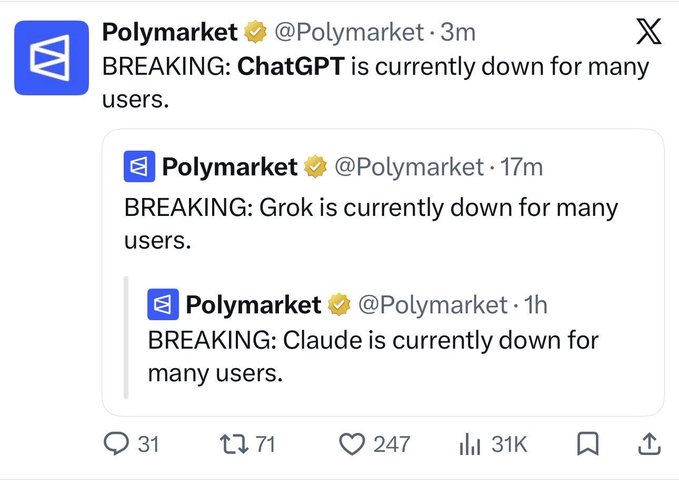A screenshot of tweets from Polymarket (@Polymarket) announcing breaking news that ChatGPT, Grok, and Claude are all 'currently down for many users' in quick succession.