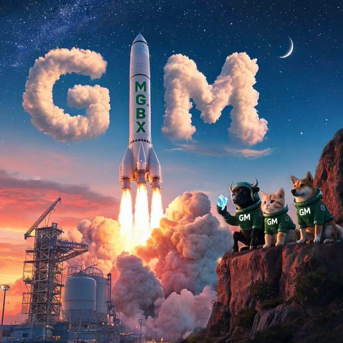 A surreal space-themed meme image featuring a rocket labeled 'MGBX' launching through clouds shaped like 'GM', with two Shiba Inu dogs in green 'GM' space suits on a cliff holding a diamond.
