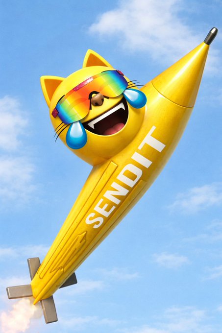 A bright yellow cartoon cat with rainbow sunglasses rides a rocket soaring into the sky, tears of joy streaming from its face as flames blast from the tail, with "SENDIT" written boldly along the rocket's side—visually capturing the bullish "send it higher" sentiment toward $MOG.