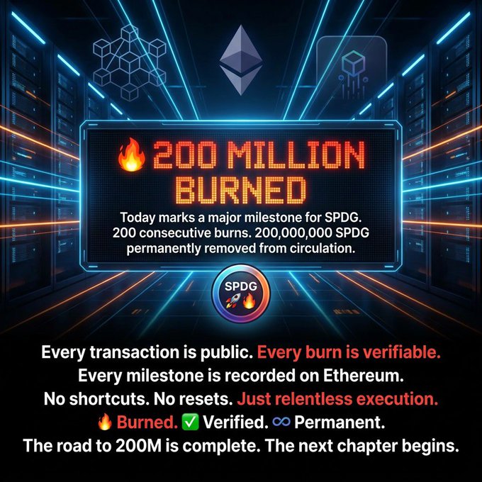A digital milestone graphic celebrating '200 MILLION BURNED' for SPDG token, featuring an Ethereum logo and message: '200 consecutive burns. 200,000,000 SPDG permanently removed from circulation.'
