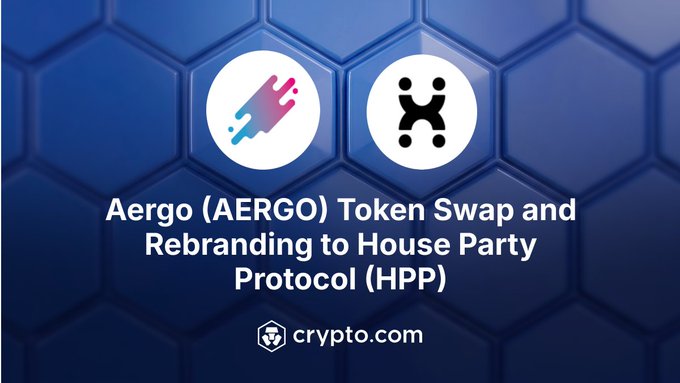 The image features a blue hexagonal pattern with white text that reads "Aergo (AERGO) token swap and rebranding to House Party Protocol (HPP) Aergo will be delisted from the Crypto.com App and Exchange and reissued as HPP Trading, deposits, and withdrawals of AERGO will be permanently". The image is related to a post about the Aergo token swap and rebranding to house party protocol.