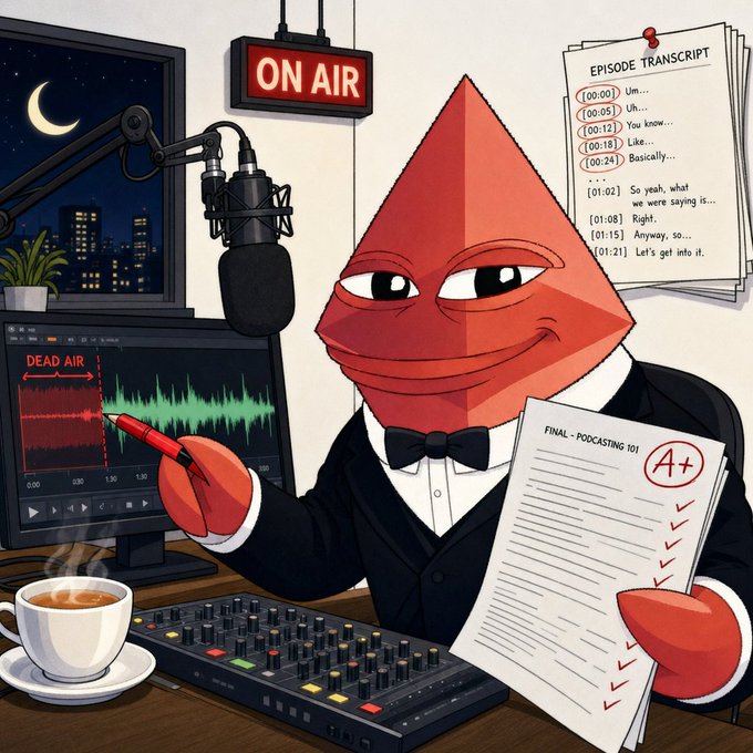 An illustration depicts a red pyramid-headed cartoon character in a tuxedo hosting a podcast, holding a pen and a graded paper marked 'A+', with an 'ON AIR' sign and an 'EPISODE TRANSCRIPT' sheet nearby.