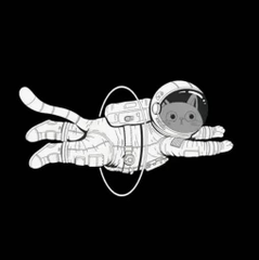 A black and white pixel art style animation of an astronaut floating in space.