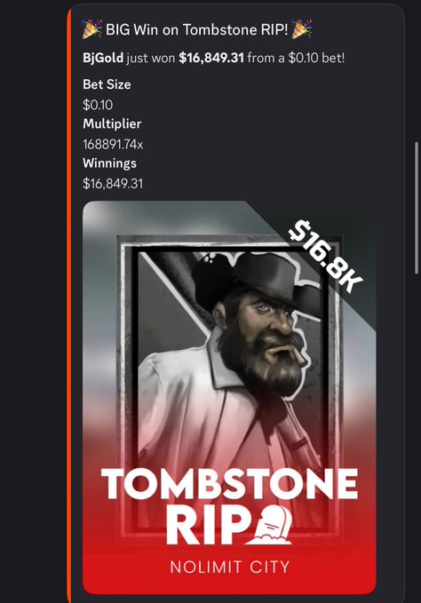 A screenshot shows user "BjGold" celebrating a $16,849.31 jackpot on the Tombstone RIP slot game with just a $0.10 bet, achieving a massive 168,891.74x multiplier—illustrating the "10 cents and a dream" gamble highlighted in the MetaWin post.