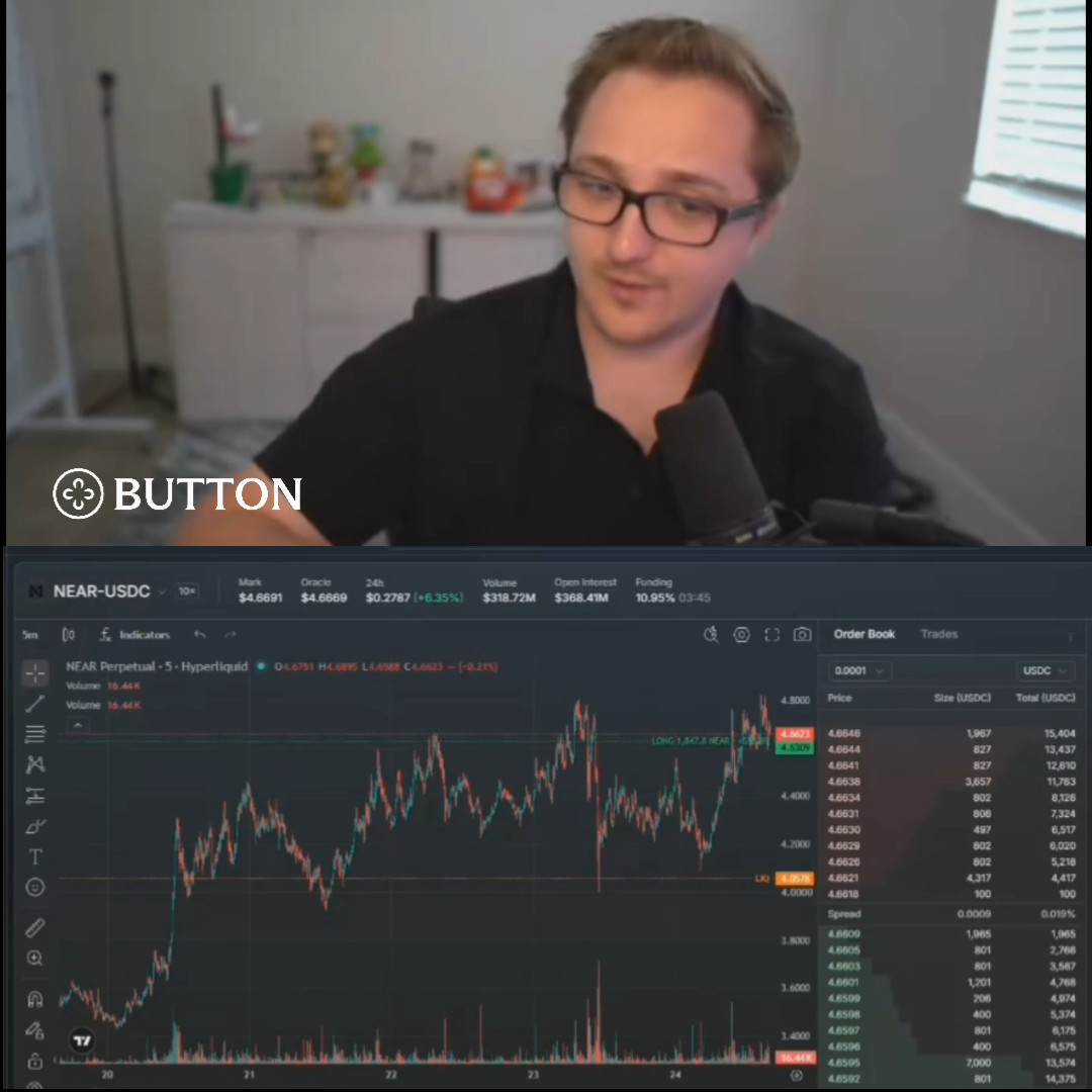 A man with glasses speaks into a microphone in a video podcast format, with a 'BUTTON' logo and a NEAR-USDC cryptocurrency trading chart displayed below.