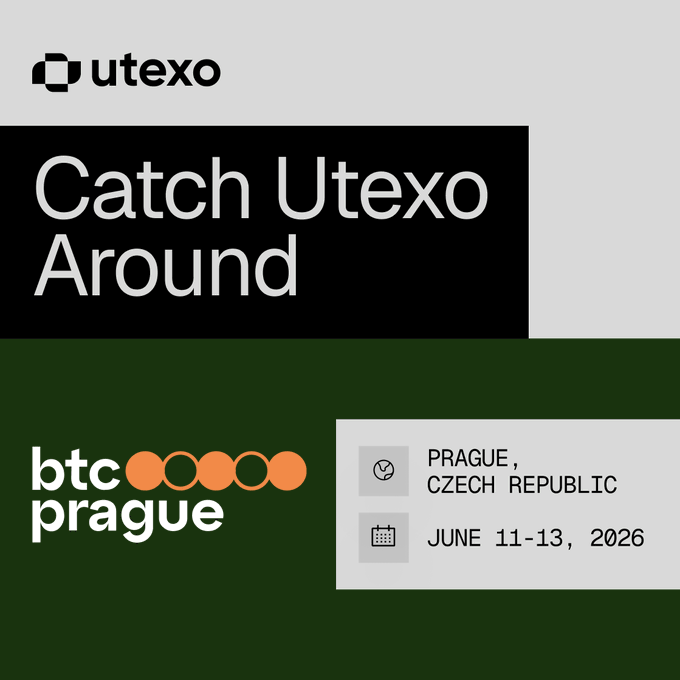 The image features a green background with white text that reads "catch Utexo around". Below this, there are two orange circles with black outlines, which appear to be the words "@BTCPrague" and "We're going to @BTCPrague", respectively. The post also includes a date and time stamp of "June 11-13, 2021", indicating that the event is scheduled for the following week.