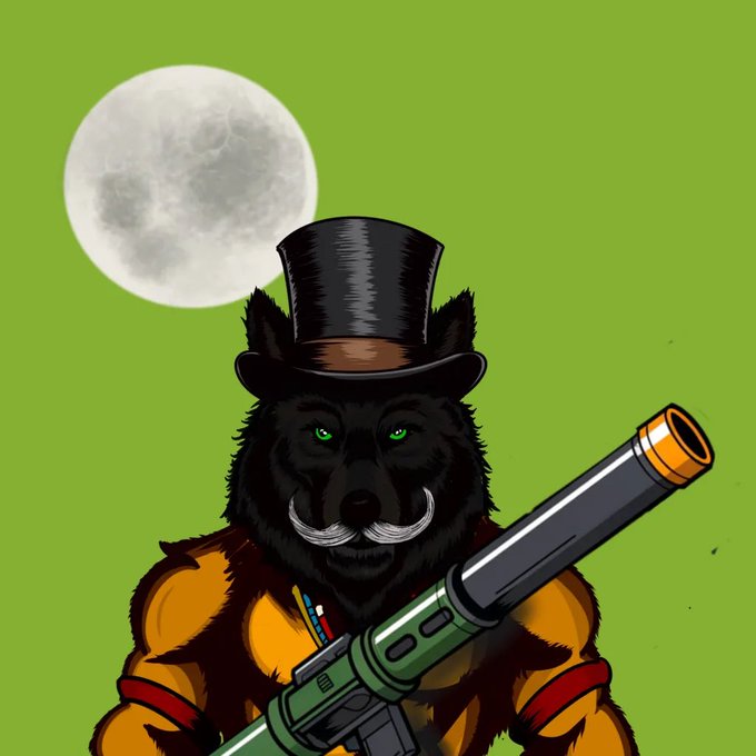 A stylized digital illustration of a black wolf with green eyes, a white mustache, and a top hat, holding a large green and silver gun against a green background with a full moon.