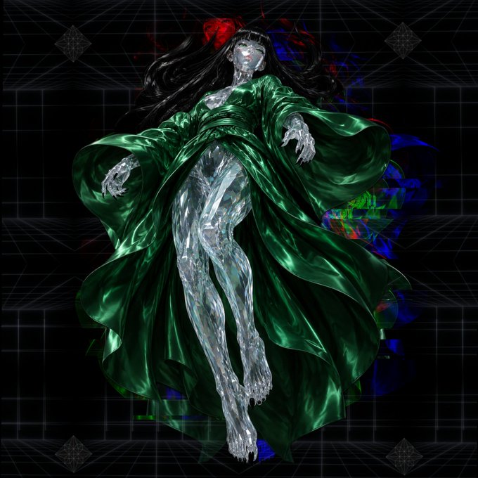 A digital artwork of a translucent, glass-like female figure wearing a flowing emerald green dress against a dark geometric background with red and blue accents.
