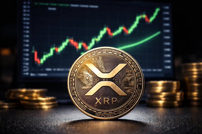 A golden XRP cryptocurrency coin stands prominently in the foreground, with a financial chart displaying green and red candlesticks showing an upward trend in the background, illustrating the bullish momentum referenced in the post.