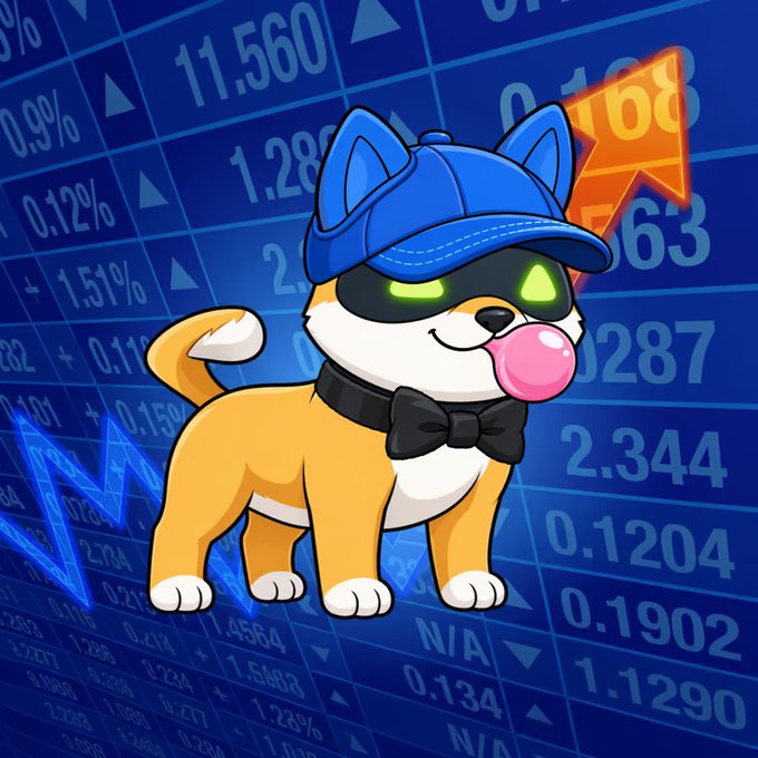 A cartoon Shiba Inu dog wearing a blue cap and bow tie stands against a blue background filled with stock market percentages and numbers, with an orange upward arrow indicating growth.