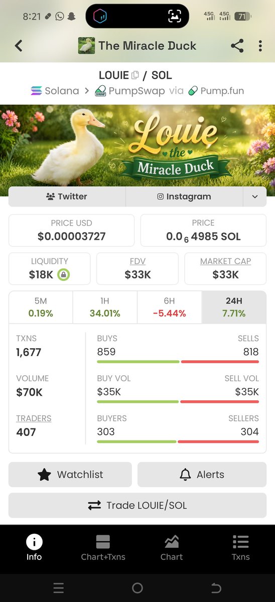 A screenshot of the cryptocurrency trading interface showing "The Miracle Duck" (LOUIE/SOL) token on PumpSwap via Pump.fun, currently priced at $0.00003727 with a $33K market cap, $18K liquidity, and showing price changes across multiple timeframes (5M: 0.19%, 1H: 34.01%, 6H: -5.44%, 24H: 7.71%). The image visually supports the post's narrative of finding a target entry point, displaying the token's significantly reduced market cap ($33K) that the author believes could rebound upward.