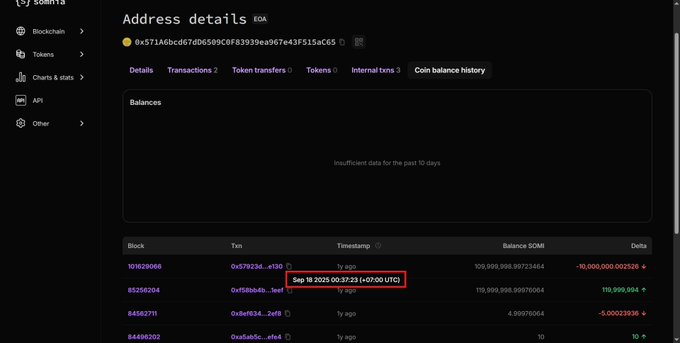 A cryptocurrency address details page on the Somnia Explorer for KOA, displaying an address balance history with a specific transaction timestamp from Sep 18, 2025 08:37:23 highlighted in a red box.
