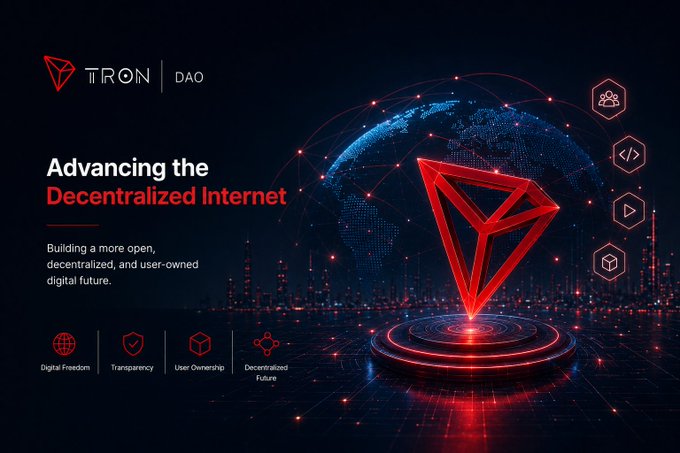 The image showcases a promotional banner for **TRON DAO** featuring its red logo atop a glowing platform against a digital globe backdrop, with the headline "Advancing the Decentralized Internet." Four key pillars are highlighted at the bottom: Digital Freedom, Transparency, User Ownership, and Decentralized Future—reinforcing the accompanying message about TRON DAO's role in building a user-owned digital landscape.