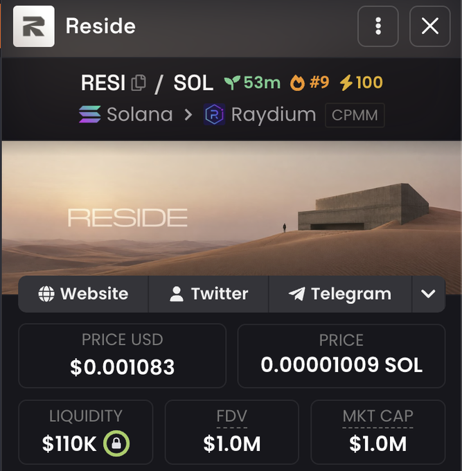 A crypto trading interface showing the $RESI/SOL token pair on Raydium (Solana), with a price of $0.001083, market cap of $1.0M, and $110K liquidity. The token is ranked #9 with 100 lightning points and is 53 minutes old, illustrating the extremely early, high-risk memecoin stage at which the author is urging followers to buy before potential influencers like Solana, toly, and ansem pump it.