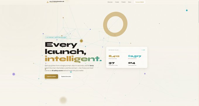 The image showcases a website for launching and trading Solana tokens. The main focus is on the words "autonomous intelligence" written across various parts of the site, indicating that the platform is built with advanced artificial intelligence capabilities. The website also highlights that soon, anyone will be able to easily launch, trade, or discover Solana tokens using a new platform called JARVIS Launchpad. This cutting-edge service aims to provide a convenient and efficient means for individuals to enter the world of cryptocurrency trading.