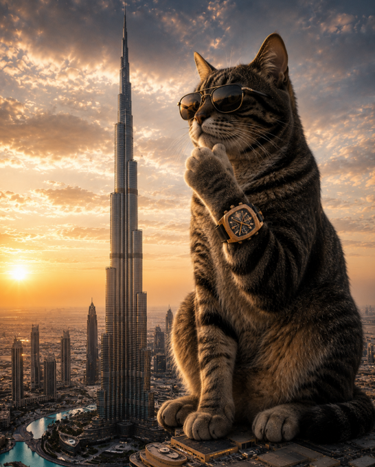 A colossal tabby cat wearing sunglasses and a luxury gold watch sits atop Dubai's Burj Khalifa at sunset, dwarfing the skyscraper and cityscape. The image visually amplifies the post's message of thinking bigger by depicting a "believer" on a massive, aspirational scale, fitting the ticker $HMM's call for holders to aim for a $1B milestone.
