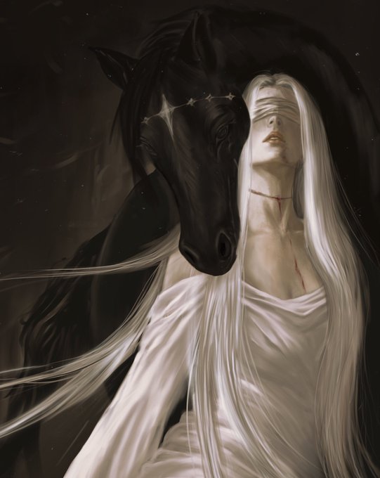 The image features a woman with long blonde hair wearing a white dress, standing next to a black horse. The background of the image is dark, which contrasts with the lightness of the woman's dress and highlights her presence. The caption reads "Gm wish you all a great day! ☽Inner Eclipse☾ 9/9-44 tez". This text seems unrelated to the main subject matter but could be part of an advertisement or promotional content related to the image.