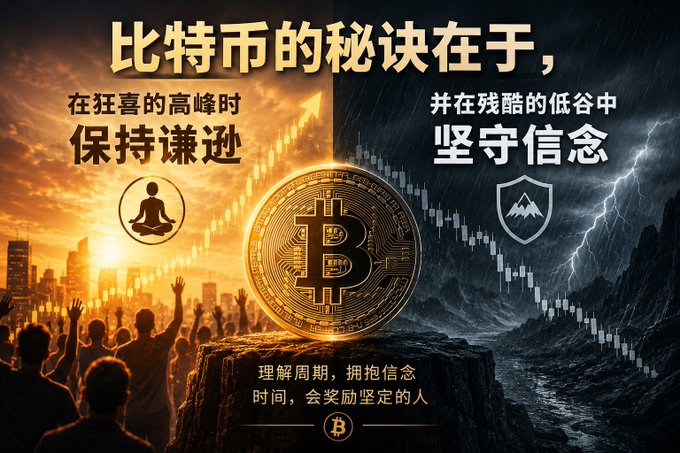 The image features a large gold coin with an upward-pointing arrow, symbolizing the value of Bitcoin increasing over time. The text "比特币的秘诀在于 在狂喜的高峰时保持谦逊 并在残酷的低谷中坚守信念" is written in Chinese, which translates to "Bitcoin's value will increase over time". The image also includes a picture of people and mountains, adding depth and context to the post.