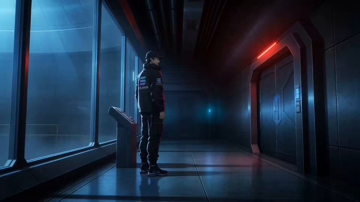 The image features a man standing inside an empty hallway, looking out of a window that has a red light glowing at the top left corner. The hallway appears to be devoid of any people or objects, giving off a sense of emptiness. In the background, there is a computer monitor and a keyboard placed on a desk, suggesting that this space might be used for work or study purposes. The post about rescuing solana @PercolatorTrade seems to be related to the image in some way, possibly indicating an event or situation involving the character "solana" from the video game series "Percy Jackson & The Olympians".