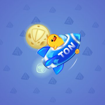 A cartoon yellow duck character wearing a spacesuit rides a blue rocket labeled "TON" alongside a glowing golden coin, set against a purple background with pyramid patterns, fitting the post's call for "Utya collectors" to showcase their collectibles.