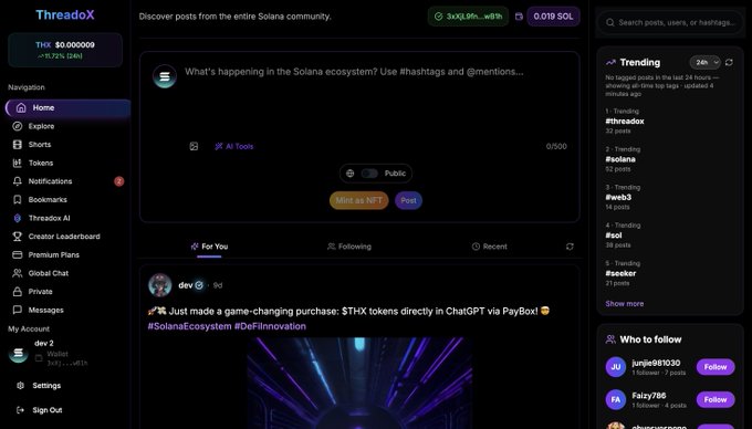 This image shows a screenshot of the ThreadoX social platform interface, displaying the $THX token trading at $0.000009 (+0.72%) with a sidebar navigation including Home, Explore, Shorts, Tokens, Notifications, and Bookmarks, while the main feed features a post by user "dev" celebrating a game-changing ChatGPT integration for purchasing $THX tokens via PayBox. The post appears to promote upcoming platform updates including token locking and ecosystem improvements, aligning with the announcement's message about enhancing the $THX token utility.