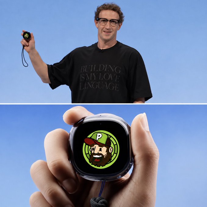 A man wearing a 'BUILDING IS MY LOVE LANGUAGE' t-shirt holds up a small smartwatch-like device displaying a cartoon character with a 'P' on its hat.
