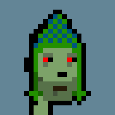 Pixel art depicting a green zombie-like figure with red eyes, wearing a blue pointed hat with green spots, set against a blue background.