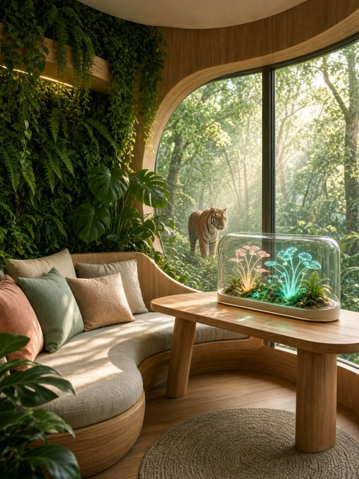 A cozy, nature-inspired interior space with curved wooden seating, lush green plants, a terrarium on a wooden table, and a tiger visible through the large window in the forest beyond.