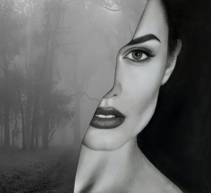 A striking black-and-white mixed-media artwork featuring a detailed charcoal drawing of a woman's face emerging from a misty forest photograph, embodying the "Two Worlds" theme. The piece merges realistic photography with expressive charcoal portraiture, reflecting the artistic collaboration between the Tezos community artists.