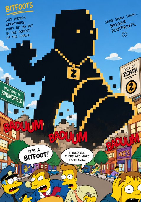 A Simpsons-style comic illustration advertises 'BITFOOTS' with text reading '303 HIDDEN CREATURES BUILT BIT BY BIT IN THE FOREST OF THE CHAIN' and 'SAME SMALL TOWN... BIGGER FOOTPRINTS,' depicting a large pixelated monster towering over Springfield.