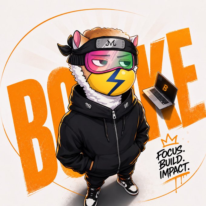 A cartoon mascot character wearing ski goggles, a beanie, and a black hoodie stands in front of large orange text reading 'BRAVE', with the phrases 'FOCUS. BUILD. IMPACT.' and a laptop with a Bitcoin 'B' logo beside it.