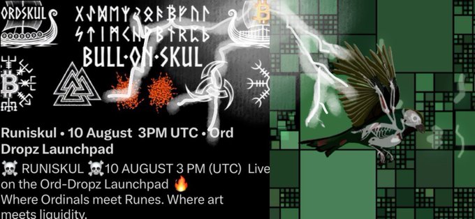 A promotional graphic for 'Runiskul' featuring Viking-style rune symbols and the text 'Bull of Skul', announcing a launch on '10 August 3PM UTC' on the Ord-Dropz Launchpad, accompanied by an illustration of an armored Viking warrior with a glowing axe.