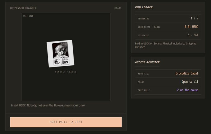 A dark-themed digital interface titled "DISPENSER CHAMBER" displays a polaroid-style image labeled "GAS," with a "RUN LEDGER" panel showing 1/7 remaining at 8.01 USDC, a tier status of "Crocodile Cabal," and a "FREE PULL · 2 LEFT" button at the bottom.
