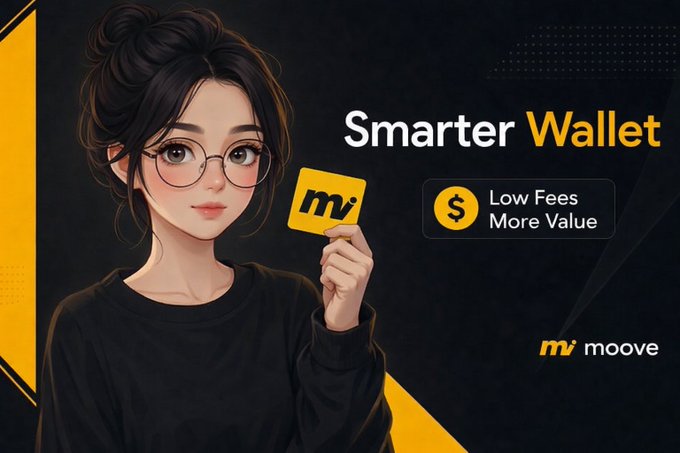 The image features a woman holding up a card with the words "smarter wallet" written on it. The card has a yellow background, black text, and an illustration of a girl wearing glasses. The caption below the image reads, "Most wallets are built to store crypto. @moovexyz is focused on helping users actually use it. From low-cost swaps to seamless multi-chain transactions, the platform is designed to make digital assets more practical for everyday activity."