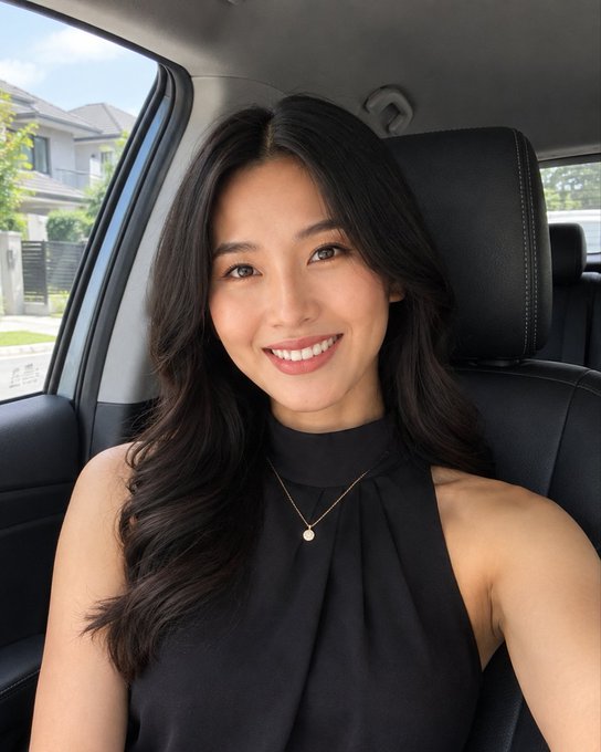 A young woman with long wavy dark hair smiles brightly in the passenger seat of a car, wearing a black halter top and a delicate gold pendant necklace.